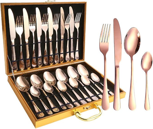 Gift Box 24pcs Set Cutlery Dinnerware 410 Stainless Steel Flatware Set Tableware Suit Dinner Spoon Fork Knife Flatware Serving Sets (Champagne)