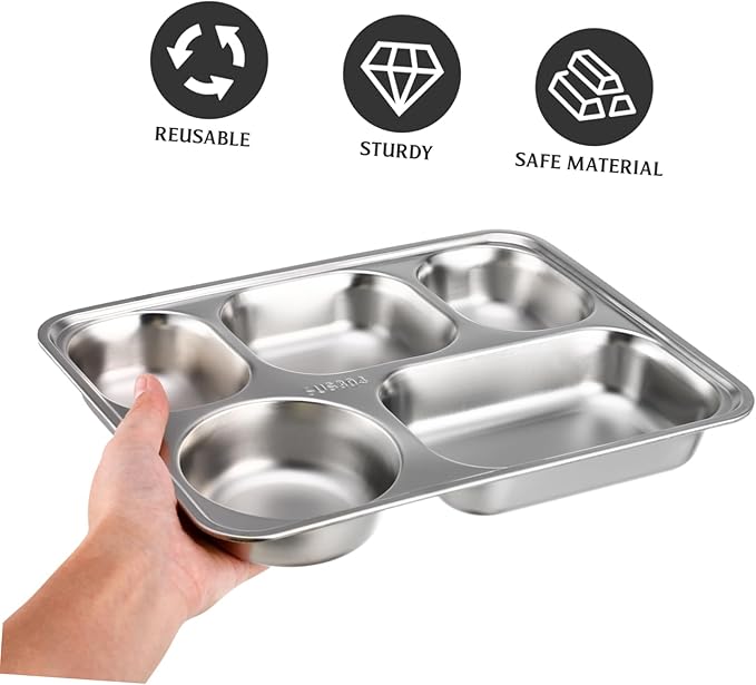 Stainless Steel Divided Dinner Plate with Five Food Serving Tray for Adults for Camping Picnics and Everyday Use