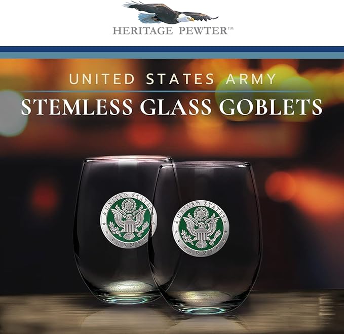 Heritage Pewter Army Stemless Glass Goblets – Set of 2 | 15 OZ Goblet Wine Glasses | Expertly Crafted Pewter Glass