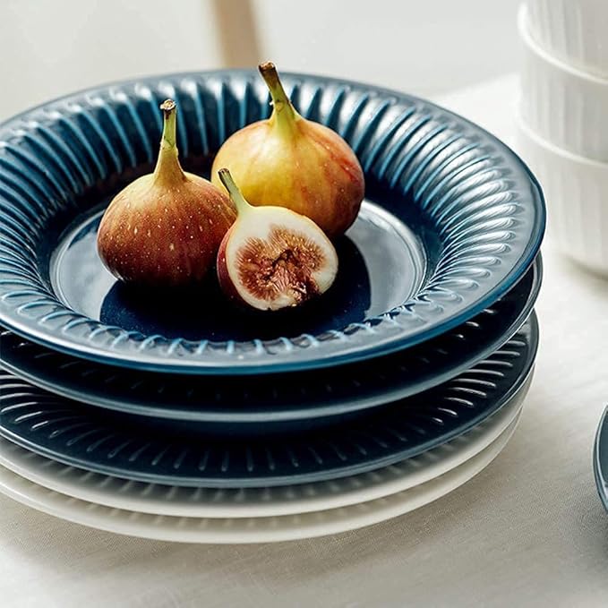 26pcs Dinnerware Sets for 5, Ceramics Dinner Set, Tableware Set in French Style, Blue White Stripe Plates and Bowls Set, Complete Combi-Porcelain, Microwave and Dishwashe