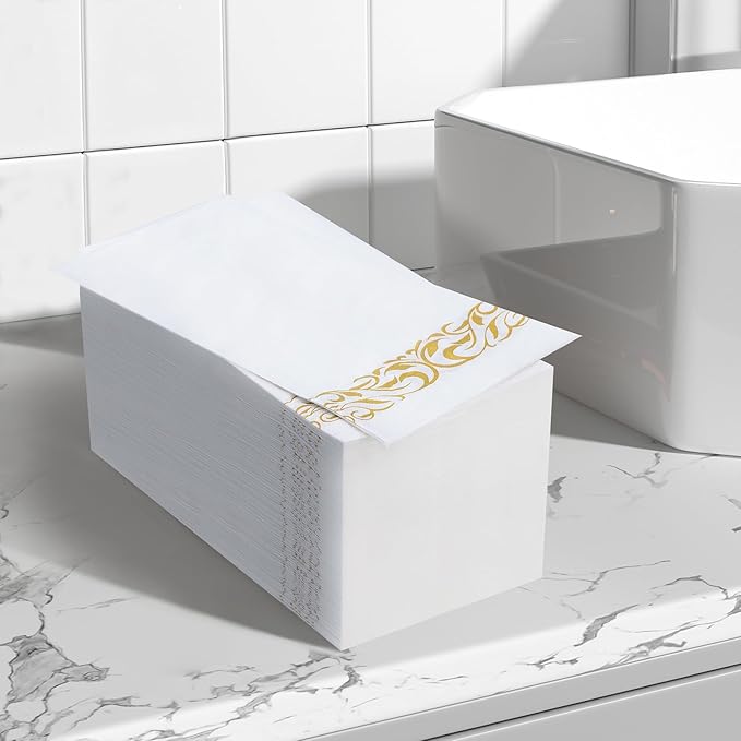 BESTVIP 400 Pack Disposable Paper Napkins,3-Ply Dinner Napkins with Gold Trim for Guests,Bathroom Paper Hand Towels Soft and Absorbent,Perfect for Christmas,Kitchen,Dinner,Party,Wedding or Event