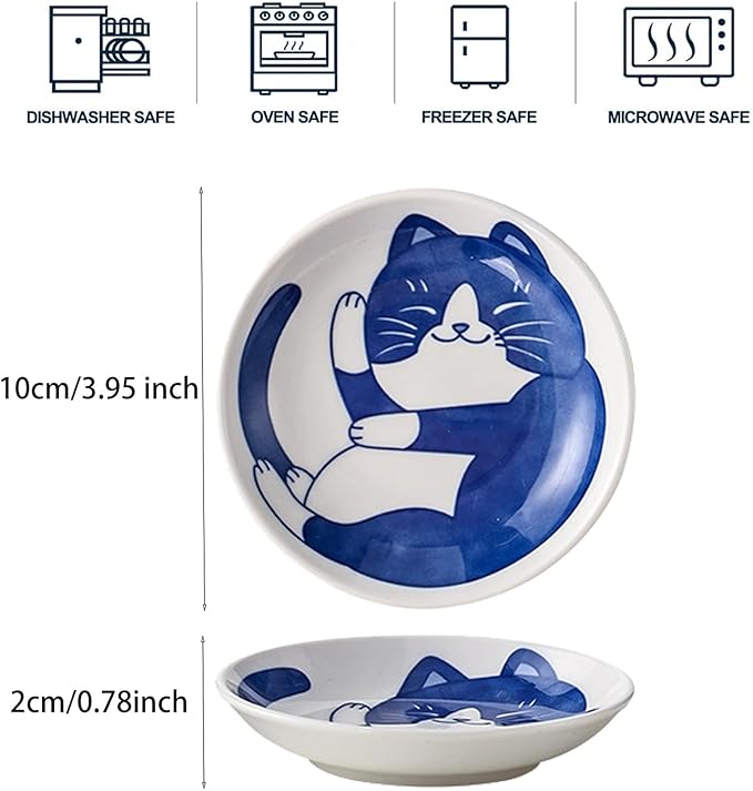 Fashion & Lifestyle Japanese Cute Cat Ceramic Sauce Dish, Seasoning Dish Sushi Soy Dipping Bowl, Appetizer Plates, Serving Dish for Kitchen Home Set of 4