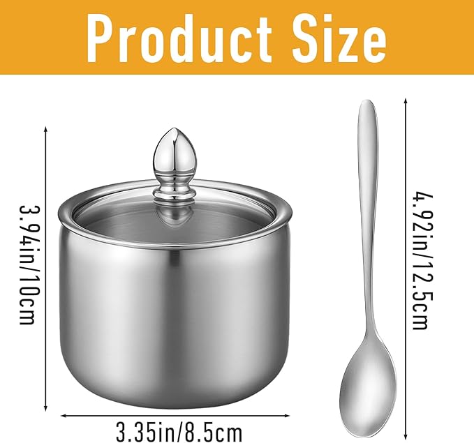 4 Pack 10oz Sugar Bowl with Lid And Spoon, Stainless Steel Sugar Creamer Container Durable Round Jar for Coffee Bar Kitchen Accessories Food Storage Containers Kitchen Decor Housewarming Gift (Silver)