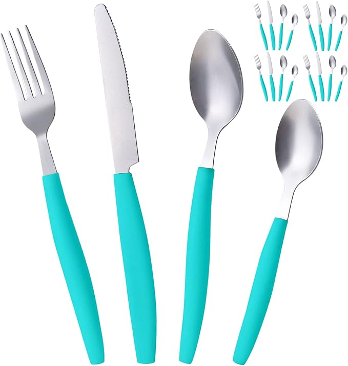 ALPINE CUISINE Flatware Set 16 Piece Service for 4, Stainless Steel Flatware Cutlery Set Includes Dinner Knives/Forks/Spoons - Great for Camping or College Dorms - Dishwasher Safe - Aqua