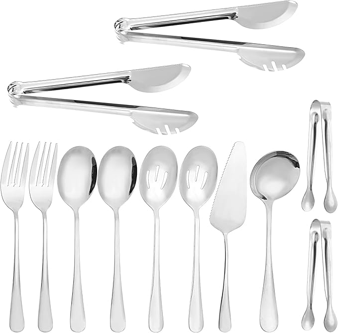 12Pcs Stainless Steel Serving Utensils Set, Silver Serving Utensils Set with Servings Spoon, Solted Spoons, Fork, Sugar Tongs, Food Tongs, Cake Spatula, Soup Spoon for Parties, Buffet(Silver)