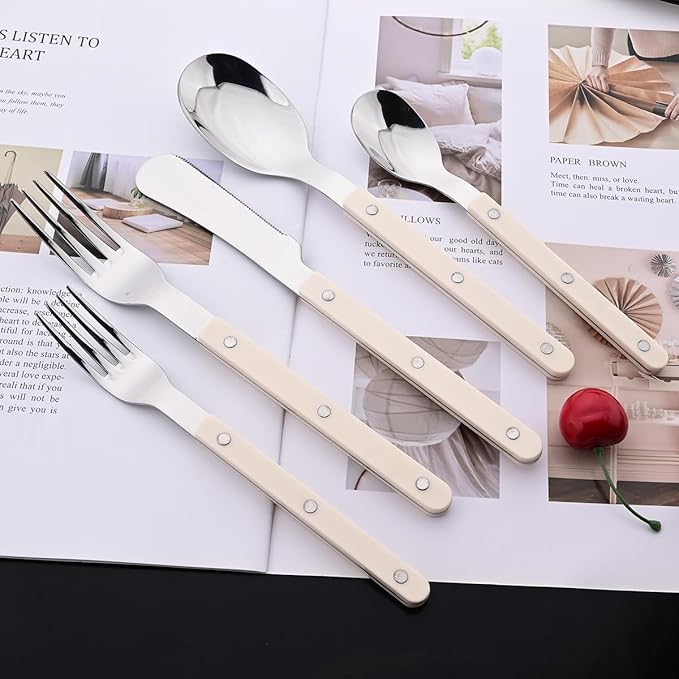 JASHII Silverware Flatware Set 20 Pieces Stainless Steel With Rivet Retro Cutlery Set Knife Fork Spoon Set Service for 4 for Home Restaurant Wedding - Beige Handle