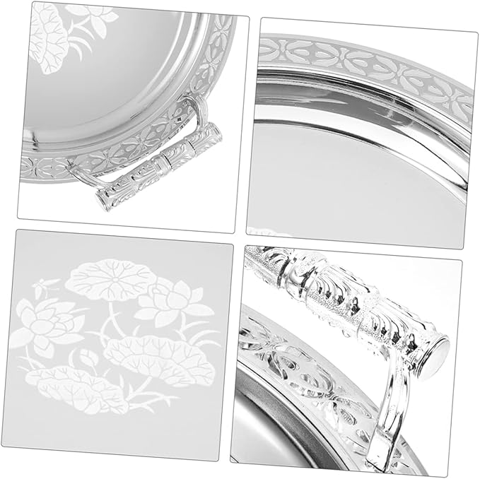 Luxshiny European Style Fruit Serving Tray Stainless Steel Snack Storage Holder Decorative Silver Pattern Snack Plate for Desserts Dry Fruits and Outdoor Picnic Use