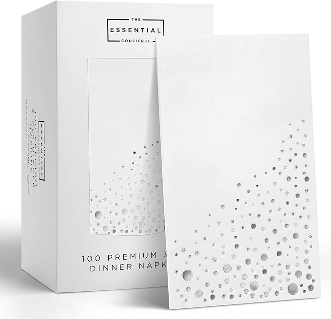 Stylish White and Silver Napkins, 100 Silver Dinner Napkins, 7.5 x 4.25 Party Napkins, Disposable Dinner Napkins, 3-Ply Wedding Napkins for Reception, Fancy Paper Napkins for Dinner Party