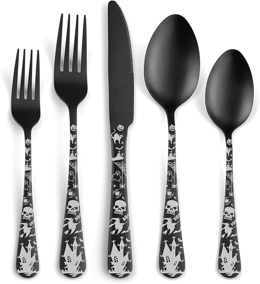 Skull Silverware Set SANLUNS 40 Piece Matte Black Unique Flatware Set for 8,Stainless Steel Fine Dining Utensils Spoons,Forks,Knife Pattern Tableware Durable Cutlery Halloween Home Kitchen,Dishwasher