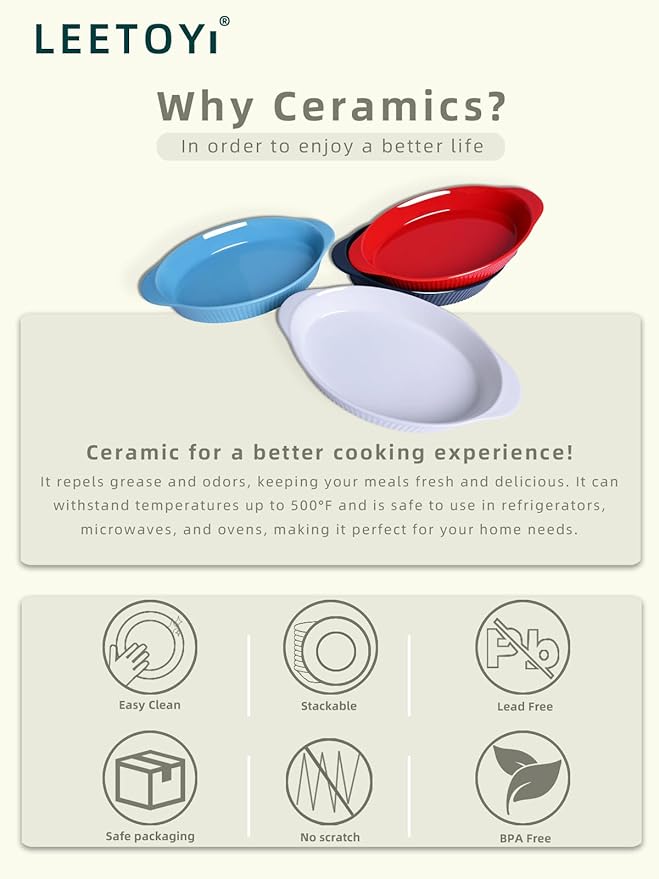 LEETOYI Porcelain 9x13 Large Oval Au Gratin Pans,Baking Dish for Servings, Bakeware with Double Handle for Kitchen and Home, White