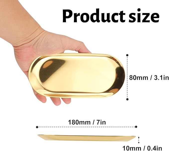 10 Pack 7 Inch Oval Stainless Steel Decorative Tray, Stainless Steel Tea Fruit Tray, 7 inch Gold Oval Trays for Bathroom Vanity, Jewelry, Perfume & Key Organizer (Gold)