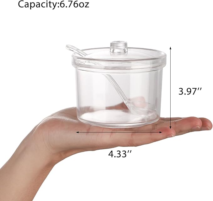 Set of 4 Acrylic Sugar Bowl with Lid and Spoon, Clear Sugar Jar with Lid and Spoon, Cute Jars for Sugar, Salt, Tea, Condiment Server – 7oz