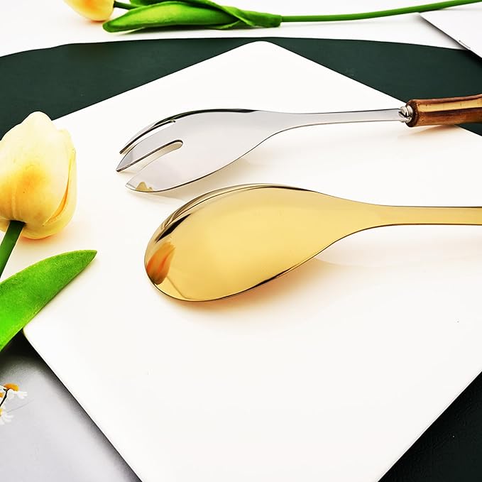 4PCS Serving Fork, 18/10 Stianless Steel Silver Resuable Serving Utensils With Bamboo Handle, Buffet Banquet Seafood Fork, 10-inch