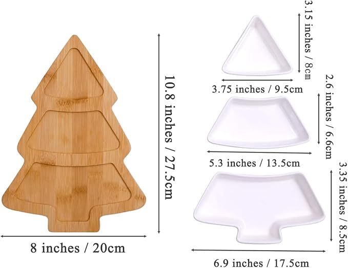 10.8 Inch White Snack Appetizer Trays Set, Small Christmas Tree Dessert Serving Dishes, Snack Platter, 3 pcs Removable White Porcelain Plates with Bamboo Tree Tray