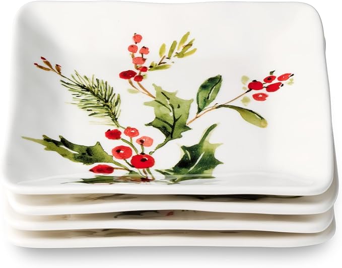 Holly and Vines Christmas Canape Plates Set of 4 – Stoneware Holiday Appetizer Plates with Birds, Berries & Pinecones, Artist-Designed Winter Tableware for Entertaining & Gifting