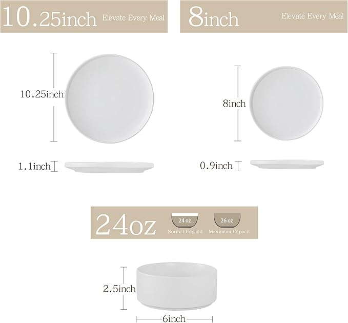 12 Piece Ceramic Dinnerware Set for 4, Modern Minimalist Stoneware Dinner Plates and Bowls, Microwave Safe, Dishwasher Safe, Versatile for All Seasons, Matte White