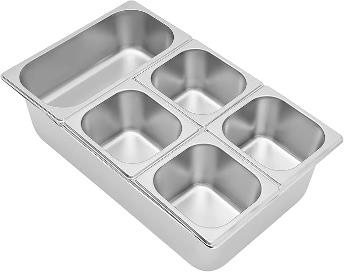 5 Pans Ice Food Serving Display Container w/Clear Roll Top Cover, Stainless Steel Serving Tray Catering Supplies Buffet Display Condiment Dispenser Plate Case for Restaurant Hotel Kitchen