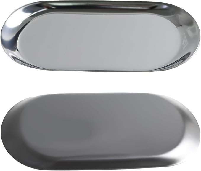 2Pcs 7x3.3inch Stainless Steel Decorative Trays, Oval Jewelry Dish Cosmetics Organizer, Silver Serving Platter for Bathroom Vanity Dresser Storage