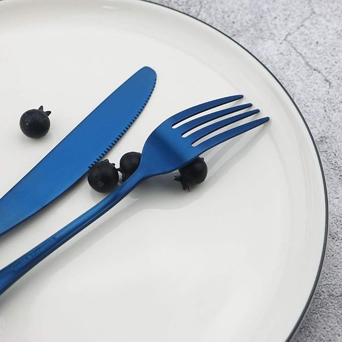 JASHII Matte Silverware Set, 24-Piece Stainless Steel Satin Finish Flatware Service for 6, Kitchen Utensils, Tableware Cutlery for Home and Restaurant (Blue Full)