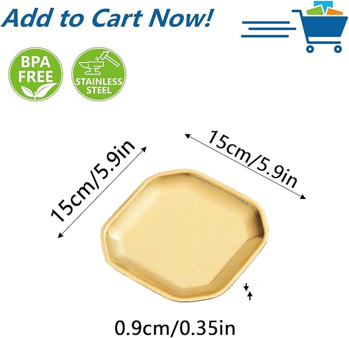 SANQIAHOME 5.9 * 5.9 inch square Appetizer Plates,thick stainless steel Dinner Plates, Pasta Dessert Plates for Sushi, Fruit oven/Dishwasher Safe, Set of 4,Gold