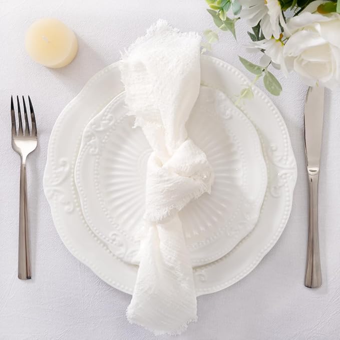 Socomi Set of 12 Linen Napkins Cream White Easter Spring Cloth Napkins Washable Cotton Dinner Napkins Fringe 17"x17" for Wedding Party Bridal Baby Shower Birthday Table Decorations