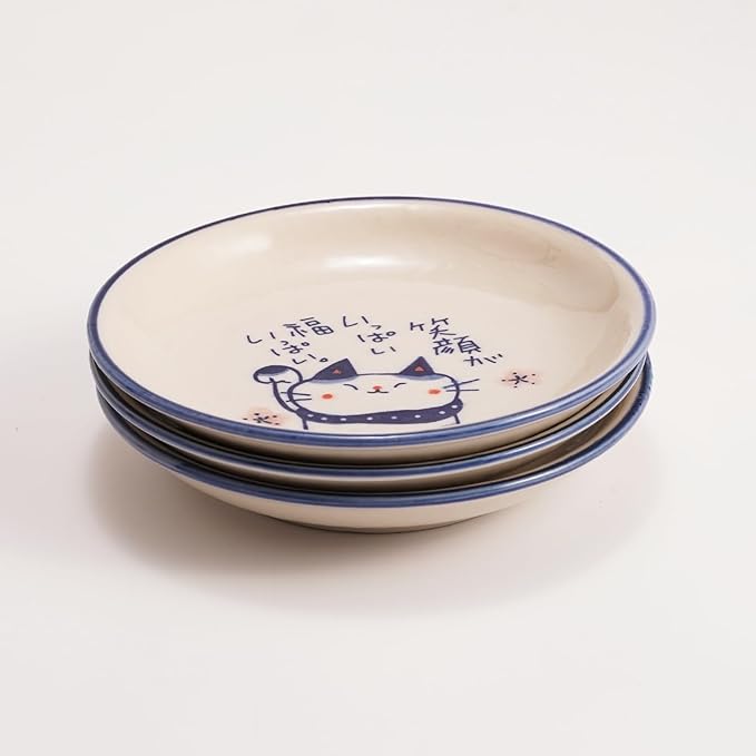 Seto Ware Small Plates with Lucky Cat Design, 3-Piece Japanese Ceramic Dish Set with Display Stand, 5.5 inch Soy Sauce & Snack Plates, Made in Japan Tableware (White/Smile)