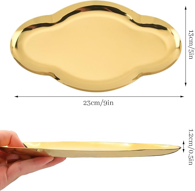 2Pcs Stainless Steel Jewelry Tray, 9in Cute Cloud Bathroom Decorative Tray Trinket Dish, Ring Dish Vanity Tray for Perfume Key Candle Aesthetic Room Decor (Gold)