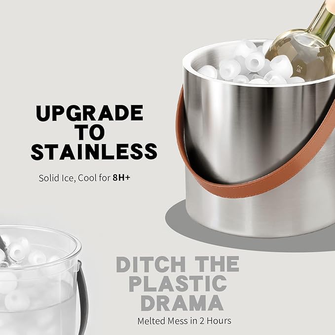 Insulated Ice Bucket with Lid, Scoop, Ice Tongs & Detachable Double-Sided PU Cover– 4L Double-Wall Stainless Steel Ice Buckets for Parties, Cocktail Ba, Champagne & Bar Cart Accessories