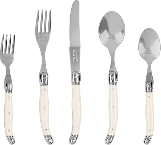 French Home Laguiole 20 Piece Flatware Set – 18/10 Stainless Steel Flatware Set for 4 – Luxurious Ivory-Colored Utensil Set w/Knives, Spoons and Forks