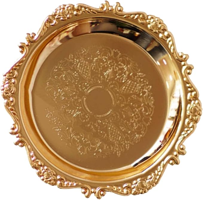 Round Fruit Plate, Metal Food Serving Tray Vintage Round Fruits Serving Platter Plates, Fruit Tray Dessert Cake Decorative Disk for Cakes, Desserts, and Baked Goods Wedding Party(Golden)