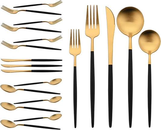 Stainless Steel Mirror Polished Gold Flatware Set, Steak Knife Dinnerware Knife Fork Salad Fork Dessert Spoon 20-piece, Service for 4