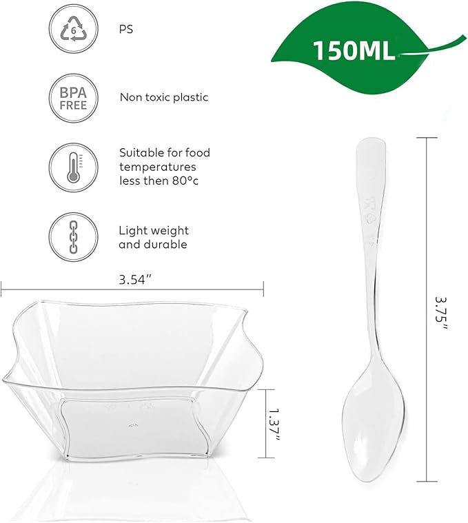 150 Pack 5 oz Clear Plastic Dessert Cups with 150 Tasting Spoons, Square Parfait Appetizer Plates Bowls for Party, Weddings