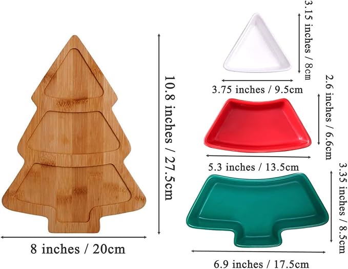Colorful 10.8 Inches Colorful Snack Appetizer Trays Sets, Christmas Tree Dessert Serving Dishes, Snack Platter, 3 pcs Removable Porcelain Plates with Bamboo Tree Tray