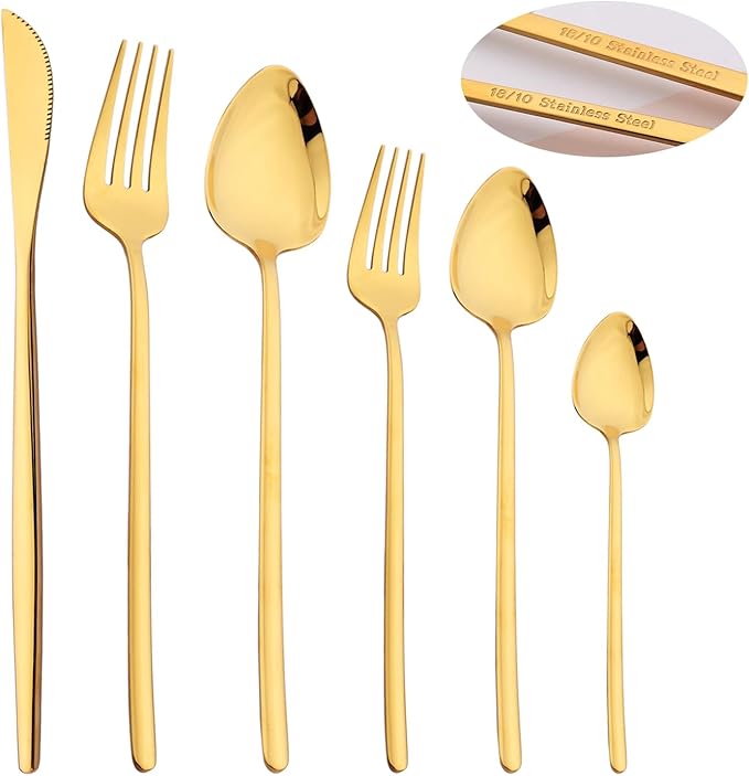 36-piece Gold 18/10 Stainless Steel Flatware Set, Resuable Cutlery Set For 6, Complete Tableware Set For Home Restaurant Wedding Party Daily Meal, Mirror Polish