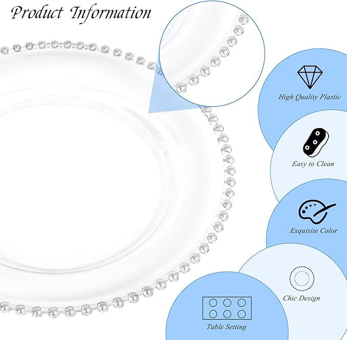 12 Pack Clear Charger Plates with Beaded Rim, 13 Inch Plastic Chargers for Dinner Plates Acrylic Round Tabletop Decoration for Home Kitchen Catering Wedding Table Event Party Dinner (Silver)