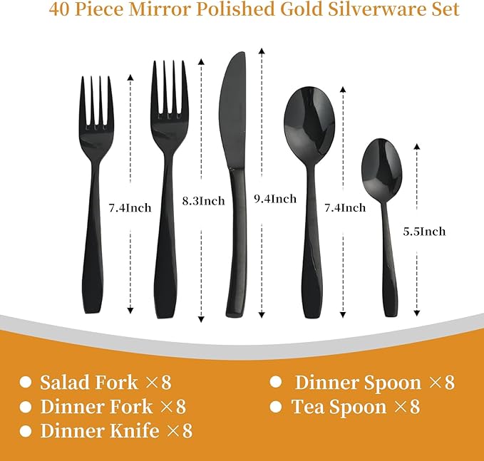 Black 40 Piece Silverware Set,Stainless Steel Flatware Set for 8,18/0 Rust-Proof Cutlery Set with Forks & Spoons,Mirror Polished Dishwasher Safe - Heavy Duty Tableware for Home & Dining