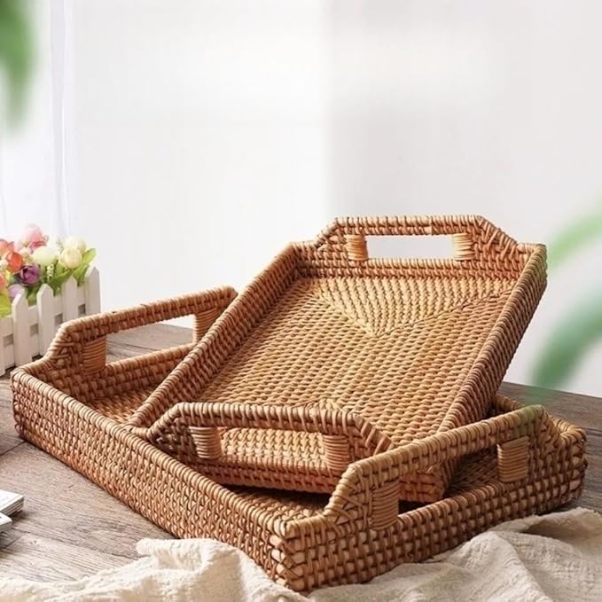 Rattan Serving Tray with Handles, Rectangular Wicker Basket Tray, Hand Woven Flat Basket for Coffee Table Dinning Room Bathroom (17 x 11.4 x 1.8 inch)
