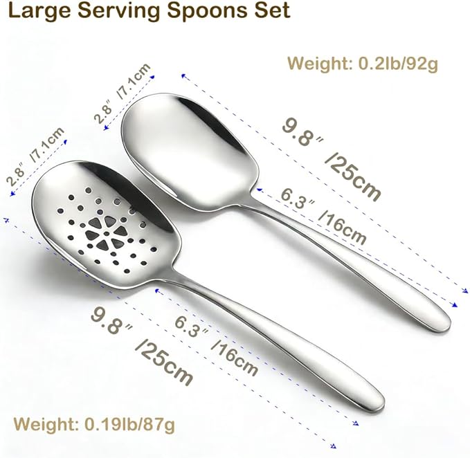 X-Large Serving Spoons Set, 304 Stainless Steel Big Metal Spoons, 9.8 Inch Serving Utensils for Buffet, Catering, Parties, Dishwasher Safe (2-Piece)