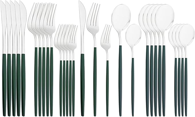 30-Piece Snplowum Mirror Flatware Serving Set, 18/0 Stainless Steel Dinnerware With Green Handle, Modern Durable Home Kitchen Eating Tableware Set Service For 6 (Green Silver)