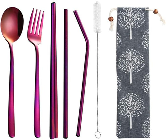 3pcs/6pcs Set Cutlery Dinnerware 304 Stainless Steel Flatware Set Tableware Dinner Spoon Fork Chopsticks Sucker Flatware Serving Sets (Purple - 6pcs)