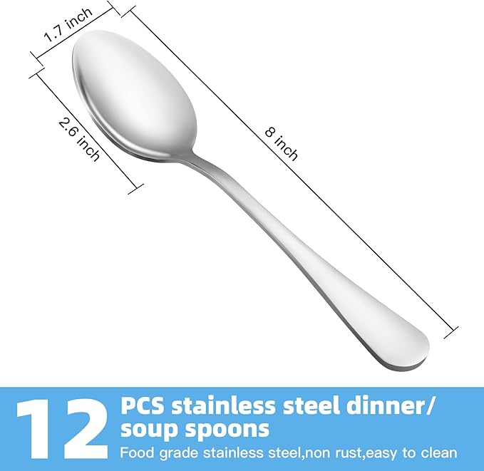 12 Pcs Large Tablespoons Set, Food-Grade Stainless Steel Soup Spoons, Metal Cutlery Spoon, Dinner Spoon, Spoons Silverware for Home, Kitchen or Restaurant, Mirror Polished, Dishwasher Safe 8 Inch