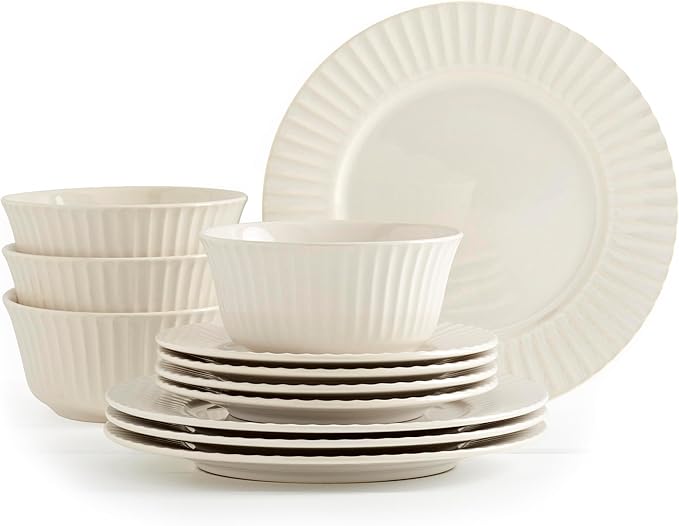 Tabletops Gallery Richmond 12-Piece Reactive Glaze Stoneware Dinnerware Set of Kitchen Dishes, Dinner Plates, Cereal Bowls, Service for 4, White