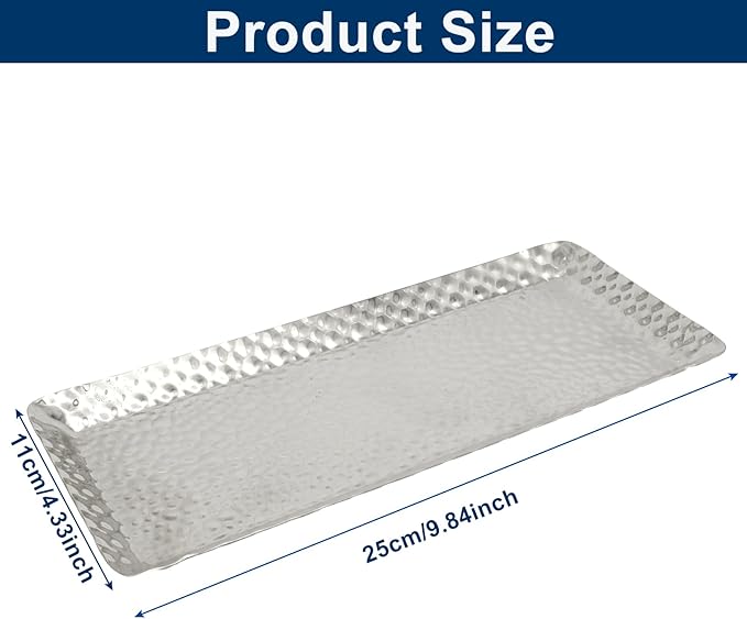 Silver Hammered Rectangular Platter Serving Trays, Decorative Stainless Steel Reusable Dessert Plates for Living Room Kitchen/Hosts(9.8 x 4.3 Inch, 1 Pack)
