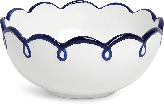 Sango 12-Piece Earthenware Dinnerware Set for 4, Glossy White Plates and Bowls Sets with Navy Scalloped Rims, Premium Dish Set, Holiday Dishes for Gifting & Hosting Christmas Party, Splash of Cheers