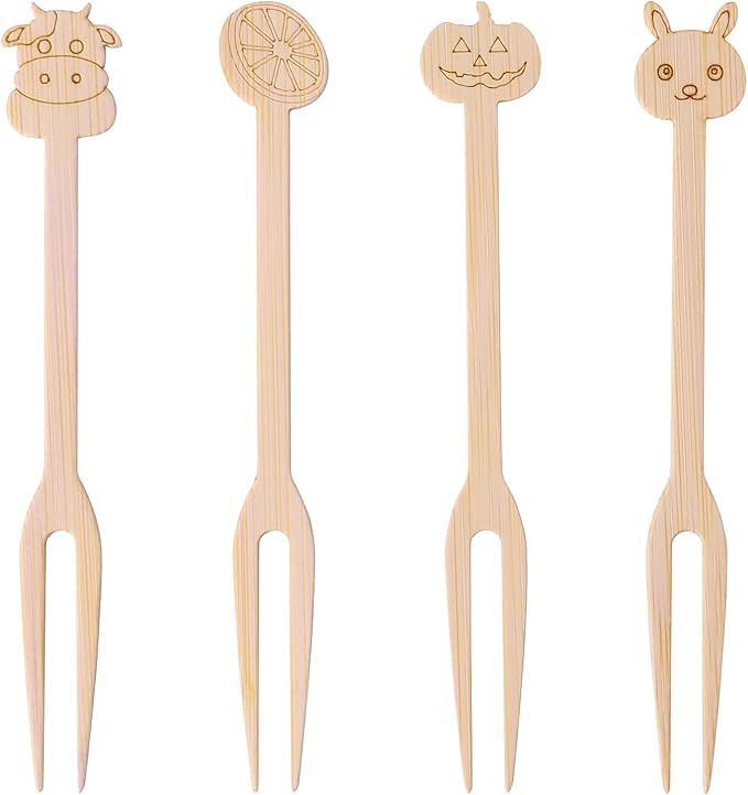 Bamboo Small Forks, 4.72 Inch 200 (4 Designs x 50) Appetizer Forks, Mini/Tiny Forks Dispoable Compostable for Charcuterie, Fruit, Desserts, Cocktail Parties, Wedding Snacks Bamboo Appetizer Picks