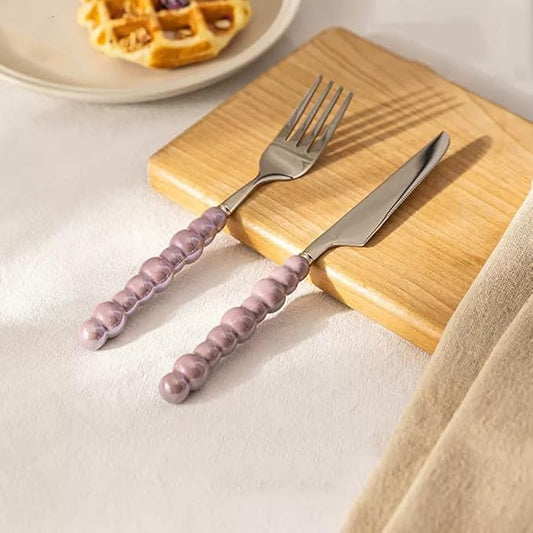 2Pcs Pearl Flatware Set, Creative Stainless Steel Flatware Pearl Ceramic Handle Silverware Tableware for Kitchen Hotel Home Steak Knife Dessert Spoon Dishwasher
