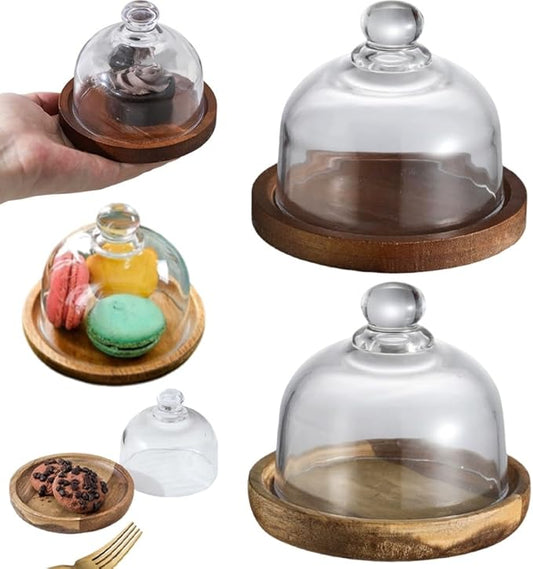 Charcuterie Snow Globes, Glass Cake Stand with Dome, Wood Cake Stands with Lid, Mini Clear Glass Display Candy Domes, Snow Globe Container for Cheese Snacks and Holiday Table Decor(Wood*1+Retro*1)