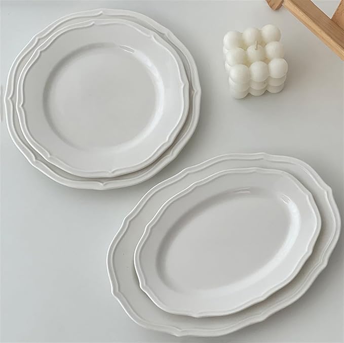Dessert Plates Retro Lace Plate Simple Dinner Ceramic Salad Breakfast Dessert Home Restaurant Cafe Dinner Tableware(A,Large)