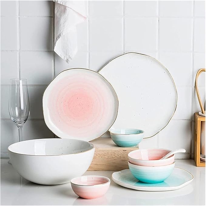 Dinnerware Sets Dish Set,8 Pcss,Irregular Porcelain Tableware Set with Plates Dish and Bowls,Pink Blue and White Ceramic Dinner Set