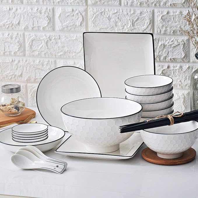 60 Pieces White Dinnerware Set Dishes - Dinner Plates and Bowls Sets Service for 12, Luxury Ceramic Dishes Set, Nordic Style Black Line Diamond Pattern, for Family Friend (White 26 Pcs)